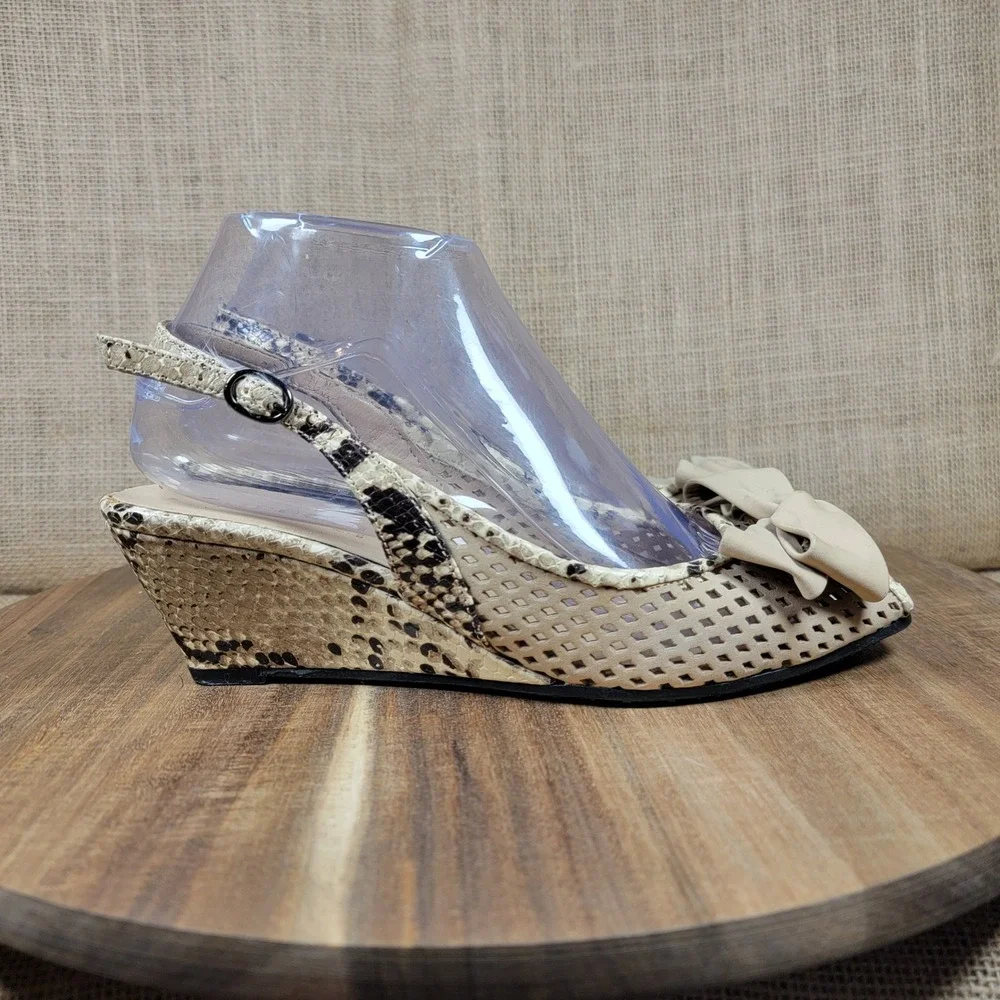 Sesto Meucci Wedge Sandals Snakeskin Print Perforated Bow Slingback Women's 7.5